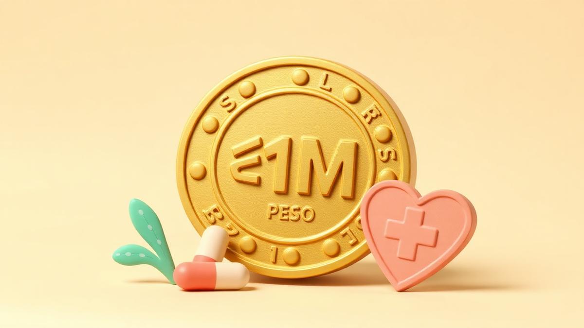 Playful 3D illustration of a gold peso coin with ₱1M next to a heart-shaped medical shield and pills