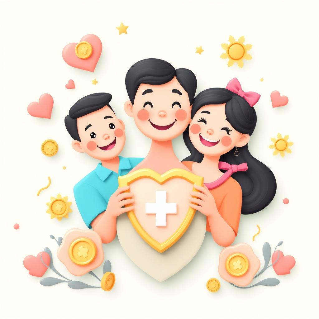 Playful illustration of a smiling Filipino family holding a heart-shaped shield with a medical cross, surrounded by peso coins and warm pastel colors
