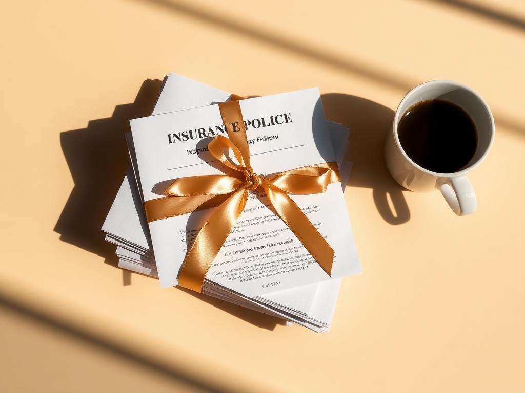 Stack of insurance policy documents tied with gold ribbon beside a coffee cup