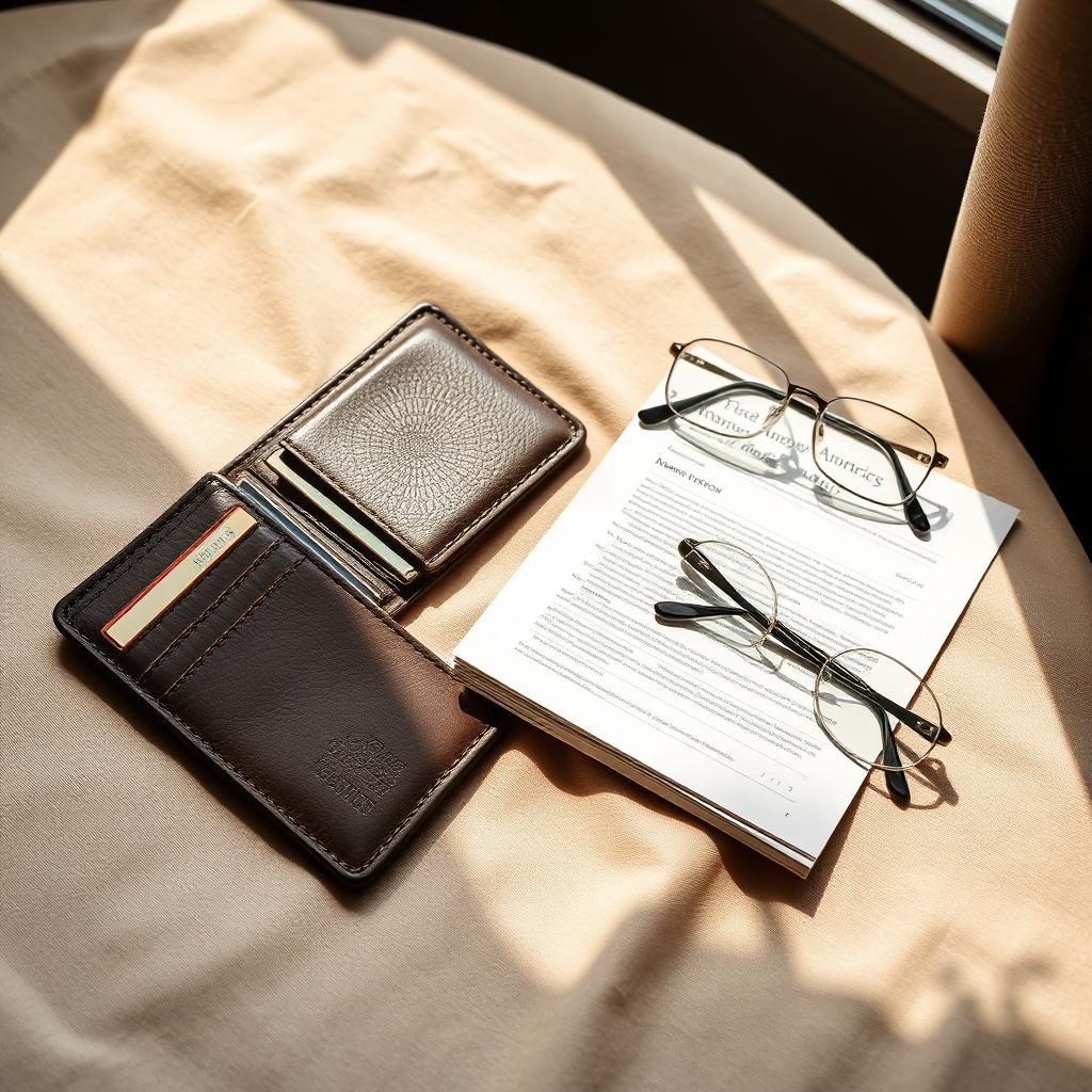An open leather wallet beside a folded insurance policy and reading glasses on warm cream linen