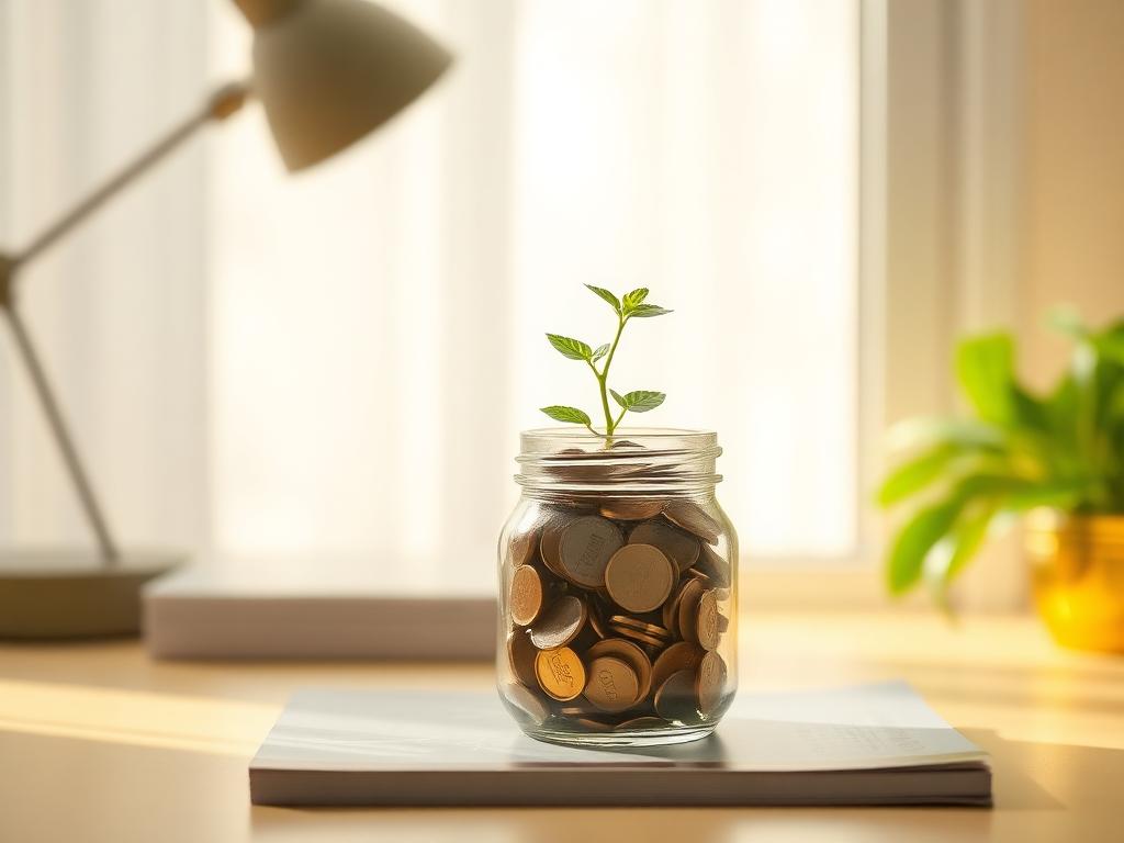 A small seedling growing from a jar of coins in soft window light