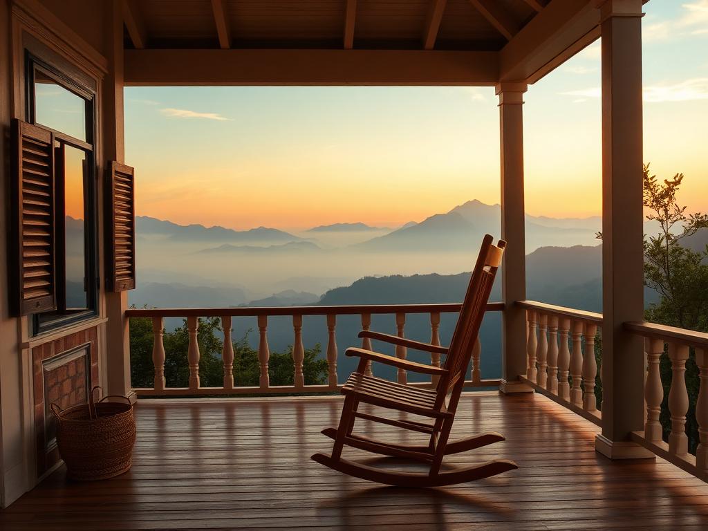 An empty wooden rocking chair on a quiet veranda at dawn