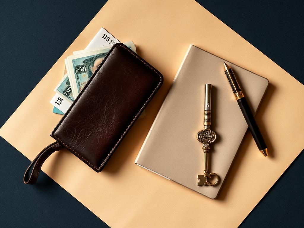Overhead view of a leather wallet, notebook, fountain pen, and brass key on cream paper