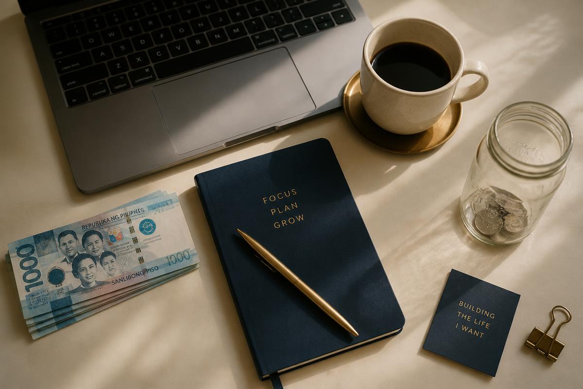 Overhead flat lay of a laptop, coffee cup, navy notebook, peso bills, and a nearly empty coin jar on warm cream paper
