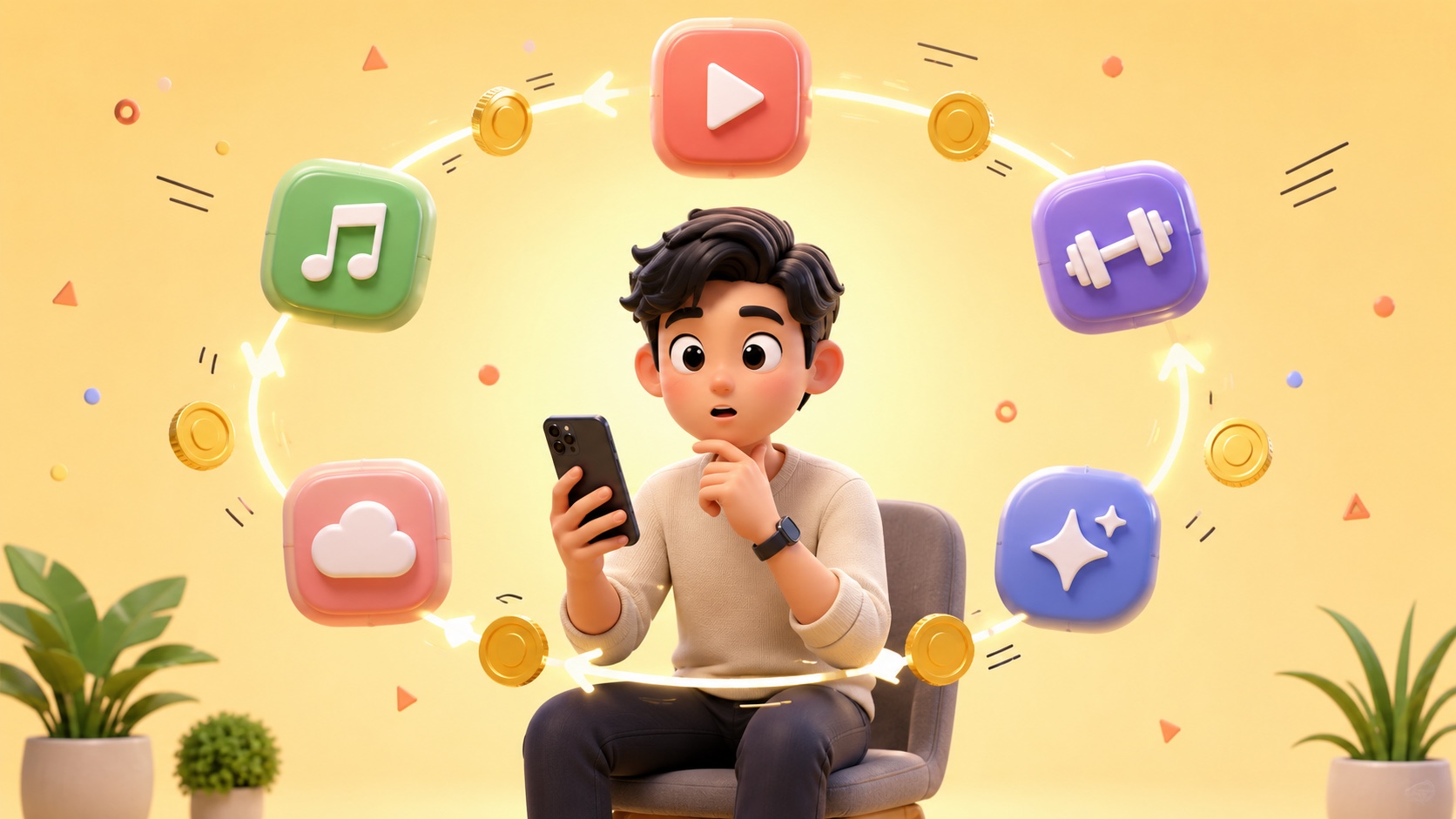 Cartoon professional sitting in a chair looking at his phone, surrounded by an orbiting loop of app tiles with gold coins circling on an auto-renew cycle