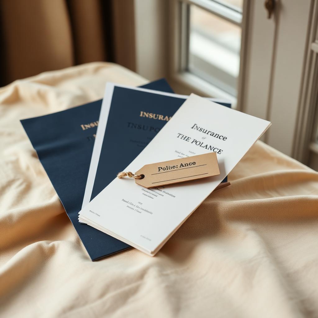Three folded insurance policy documents fanned on warm cream linen in soft window light