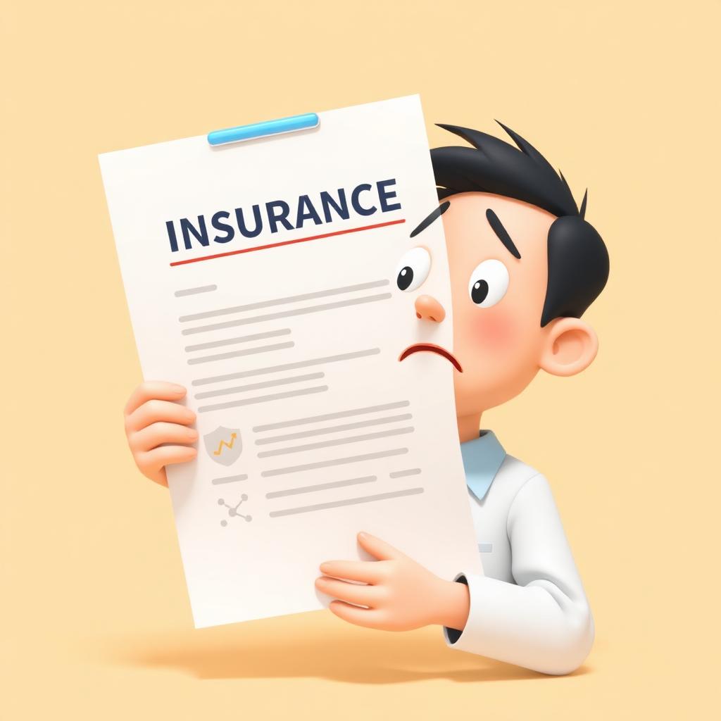 Playful 3D illustration of a confused Filipino professional looking at a large insurance policy document, with a small chart and shield icon on a warm cream background
